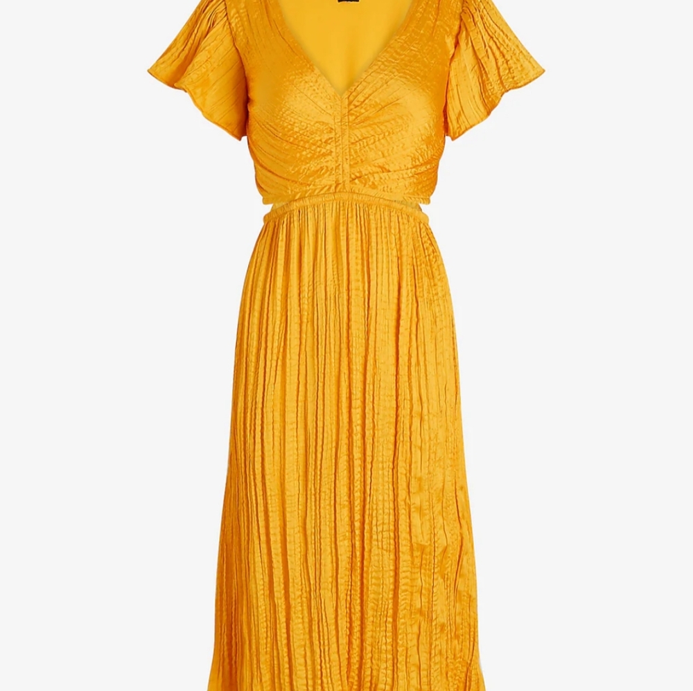 Express Satin V-Neck Flutter Sleeve Pleated Cutout Midi Dress. - Picture 8 of 16